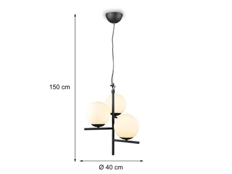 Pendelleuchte PURE 3-flammig in Schwarz mit Glaskugeln aus Opalglas, Ø 40cm