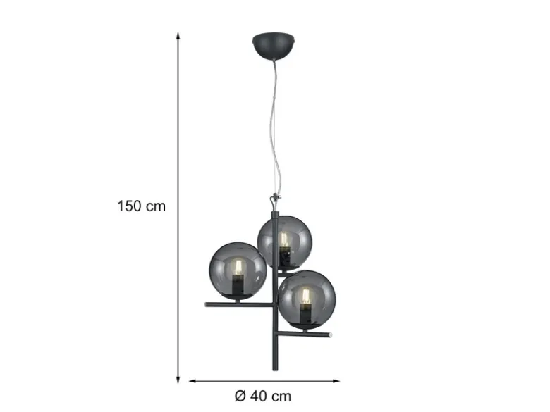 Pendelleuchte PURE 3-flammig in Schwarz mit Glaskugeln aus Rauchglas, Ø 40cm
