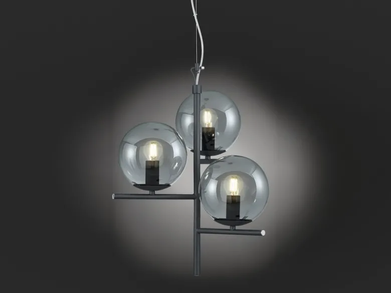 Pendelleuchte PURE 3-flammig in Schwarz mit Glaskugeln aus Rauchglas, Ø 40cm