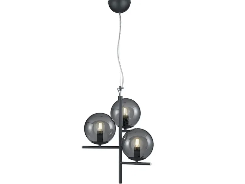 Pendelleuchte PURE 3-flammig in Schwarz mit Glaskugeln aus Rauchglas, Ø 40cm