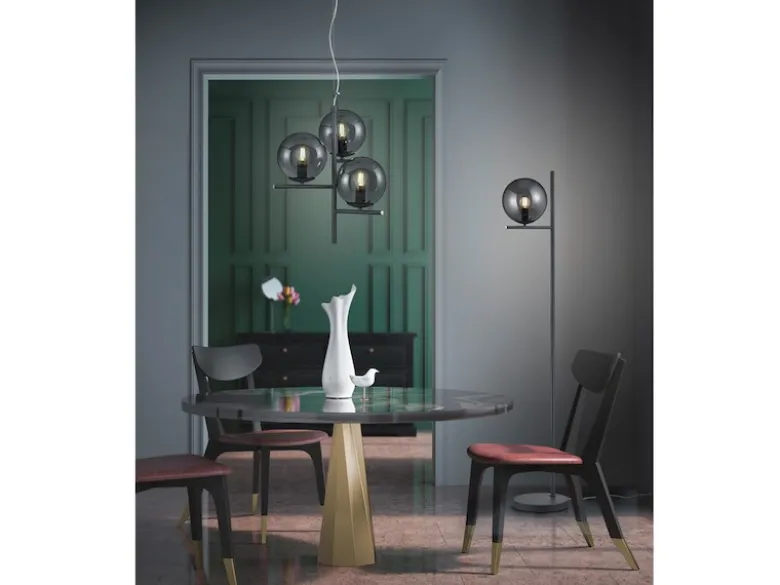 Pendelleuchte PURE 3-flammig in Schwarz mit Glaskugeln aus Rauchglas, Ø 40cm