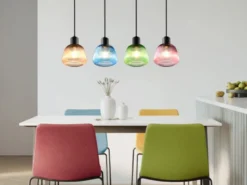Pendelleuchte QUENYA mit Glasschirmen Bunt 4-flammig, Breite 90cm
