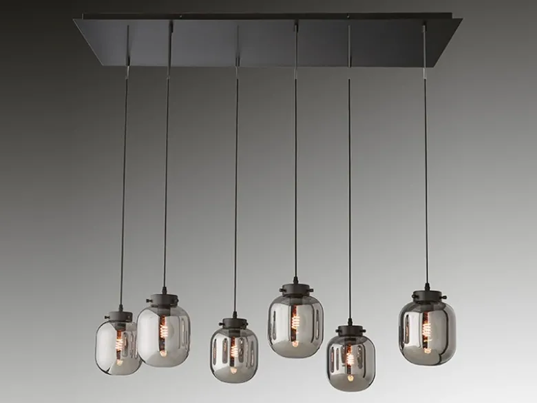 Pendelleuchte REGI mehrflammig mit 6 Glaskugeln aus Rauchglas, Breite 115cm