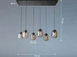 Pendelleuchte REGI mehrflammig mit 6 Glaskugeln aus Rauchglas, Breite 115cm