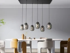 Pendelleuchte REGI mehrflammig mit 6 Glaskugeln aus Rauchglas, Breite 115cm