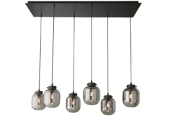 Pendelleuchte REGI mehrflammig mit 6 Glaskugeln aus Rauchglas, Breite 115cm