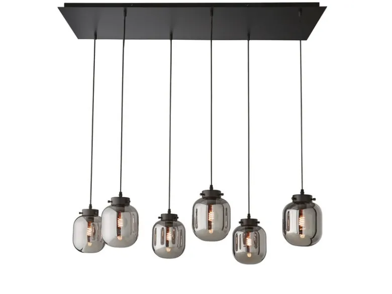 Pendelleuchte REGI mehrflammig mit 6 Glaskugeln aus Rauchglas, Breite 115cm