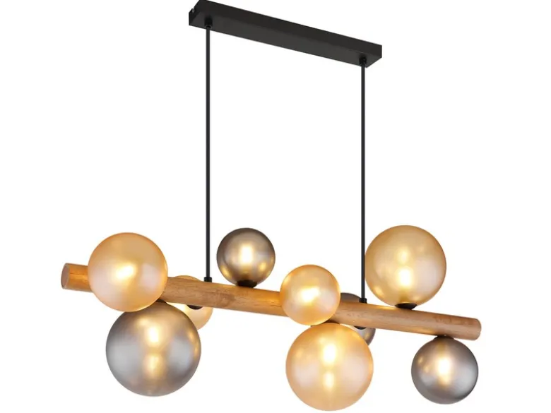 Pendelleuchte RIHA aus Holz 9-flammig Glaskugeln Rauchglas & Bernstein, B: 78cm