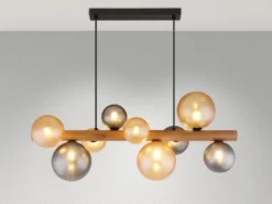 Pendelleuchte RIHA aus Holz 9-flammig Glaskugeln Rauchglas & Bernstein, B: 78cm