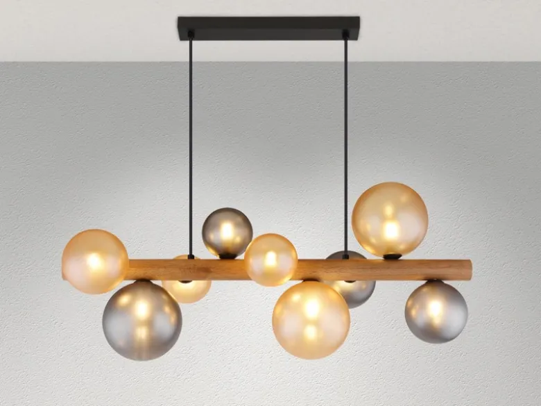 Pendelleuchte RIHA aus Holz 9-flammig Glaskugeln Rauchglas & Bernstein, B: 78cm