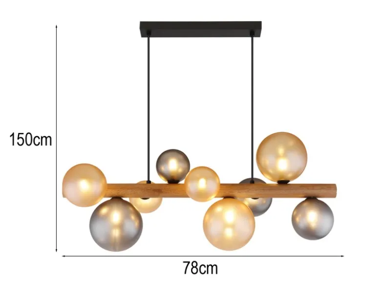 Pendelleuchte RIHA aus Holz 9-flammig Glaskugeln Rauchglas & Bernstein, B: 78cm