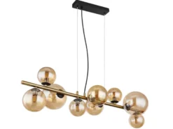Pendelleuchte RIHA Messing-Schwarz 9-flammig mit Glaskugeln Bernstein, B: 87cm