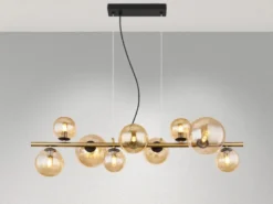 Pendelleuchte RIHA Messing-Schwarz 9-flammig mit Glaskugeln Bernstein, B: 87cm