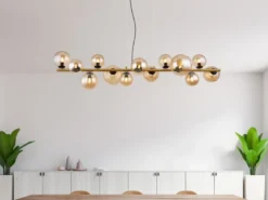 Pendelleuchte RIHA Messing-Schwarz 13-flammig mit Glaskugeln Bernstein, B: 120cm