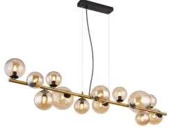 Pendelleuchte RIHA Messing-Schwarz 13-flammig mit Glaskugeln Bernstein, B: 120cm