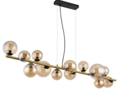 Pendelleuchte RIHA Messing-Schwarz 13-flammig mit Glaskugeln Bernstein, B: 120cm