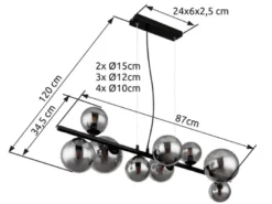 Pendelleuchte RIHA Schwarz 9-flammig mit Glaskugeln Rauchglas, Breite 87cm