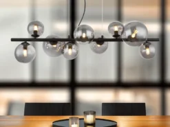 Pendelleuchte RIHA Schwarz 9-flammig mit Glaskugeln Rauchglas, Breite 87cm
