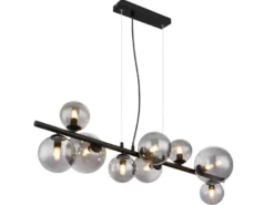 Pendelleuchte RIHA Schwarz 9-flammig mit Glaskugeln Rauchglas, Breite 87cm