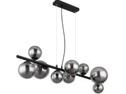 Pendelleuchte RIHA Schwarz 9-flammig mit Glaskugeln Rauchglas, Breite 87cm
