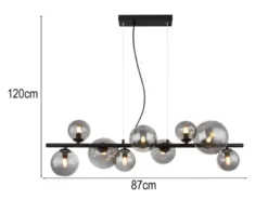 Pendelleuchte RIHA Schwarz 9-flammig mit Glaskugeln Rauchglas, Breite 87cm