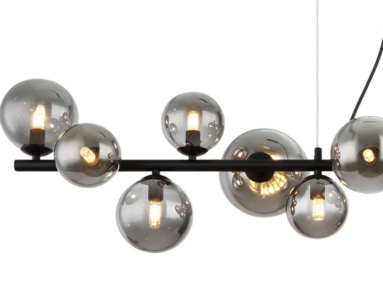Pendelleuchte RIHA Schwarz 13-flammig mit Glaskugeln Rauchglas, Breite 120cm