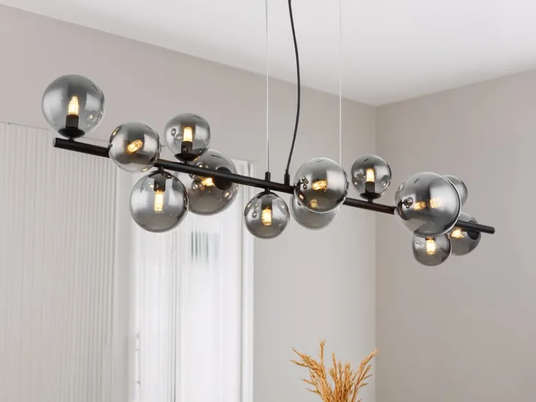 Pendelleuchte RIHA Schwarz 13-flammig mit Glaskugeln Rauchglas, Breite 120cm