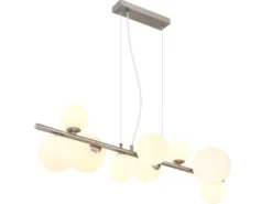 Pendelleuchte RIHA Silber 9-flammig mit Glaskugeln Opalglas Weiß, Breite 87cm