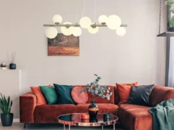 Pendelleuchte RIHA Silber 9-flammig mit Glaskugeln Opalglas Weiß, Breite 87cm