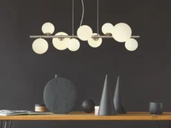 Pendelleuchte RIHA Silber 9-flammig mit Glaskugeln Opalglas Weiß, Breite 87cm