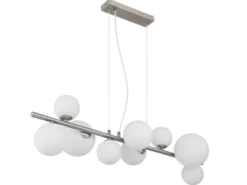 Pendelleuchte RIHA Silber 9-flammig mit Glaskugeln Opalglas Weiß, Breite 87cm