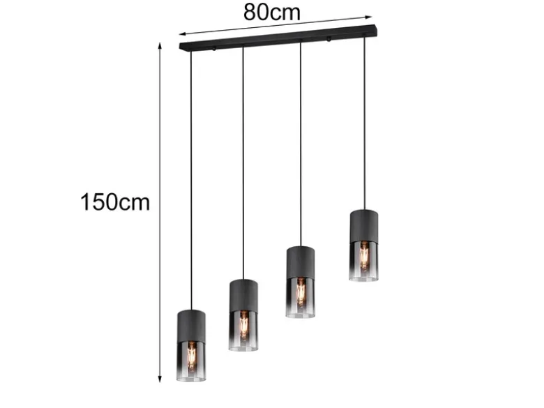 Pendelleuchte ROBIN 4-flammig mit Rauchglas & Metall Schwarz, Breite 80cm