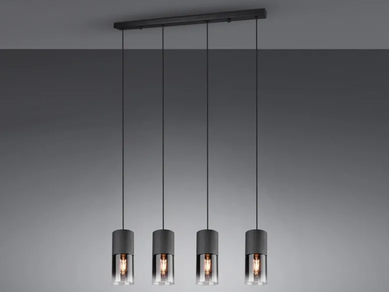 Pendelleuchte ROBIN 4-flammig mit Rauchglas & Metall Schwarz, Breite 80cm