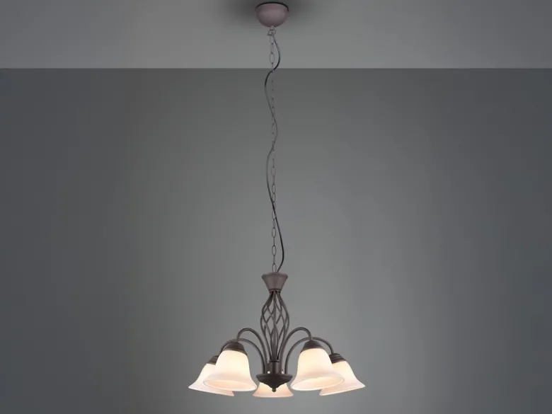 Pendelleuchte RUSTICA 5-flammig in Rostoptik mit Glasschirmen, Ø 60cm
