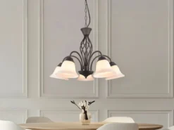 Pendelleuchte RUSTICA 5-flammig in Rostoptik mit Glasschirmen, Ø 60cm
