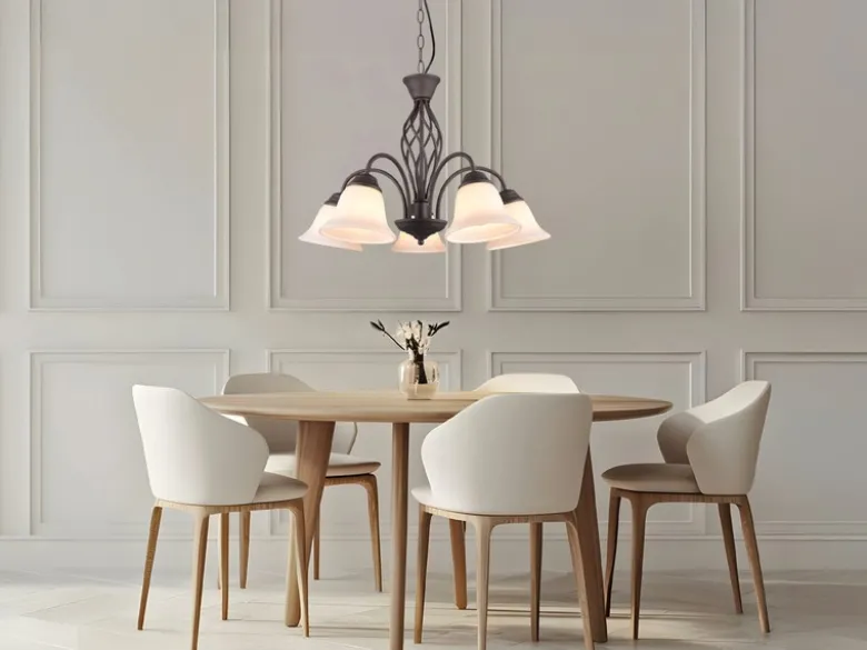 Pendelleuchte RUSTICA 5-flammig in Rostoptik mit Glasschirmen, Ø 60cm