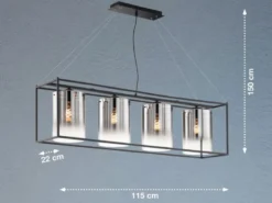 Pendelleuchte SAMU 4-flammig lang Schwarz mit Rauchglas, Breite 115cm
