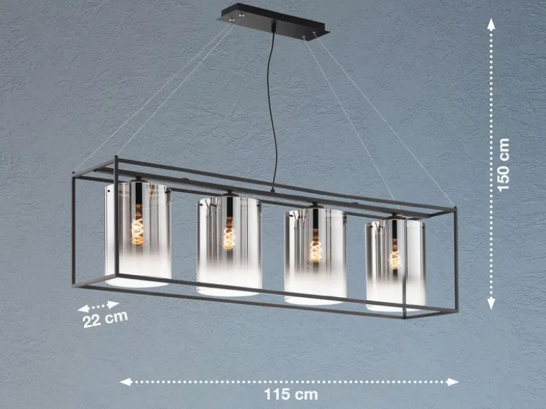 Pendelleuchte SAMU 4-flammig lang Schwarz mit Rauchglas, Breite 115cm