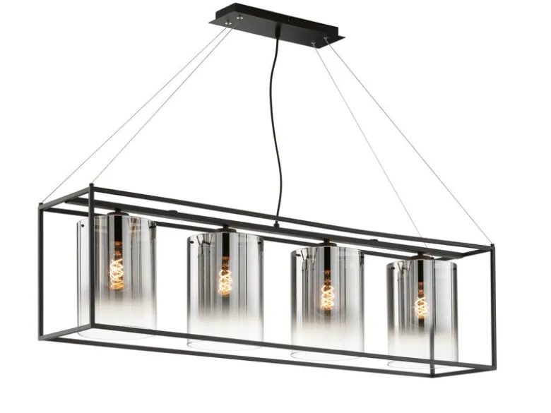 Pendelleuchte SAMU 4-flammig lang Schwarz mit Rauchglas, Breite 115cm