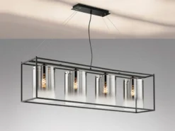 Pendelleuchte SAMU 4-flammig lang Schwarz mit Rauchglas, Breite 115cm