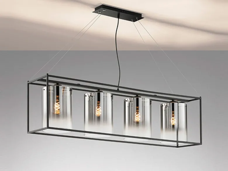 Pendelleuchte SAMU 4-flammig lang Schwarz mit Rauchglas, Breite 115cm