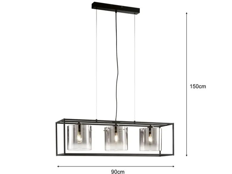 Pendelleuchte SAMU 3-flammig Schwarz mit Rauchglas, Breite 90cm