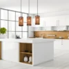 Pendelleuchte SARA 3-flammig mit Lampenschirmen aus Rattan, Breite 80cm