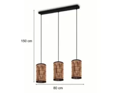 Pendelleuchte SARA 3-flammig mit Lampenschirmen aus Rattan, Breite 80cm