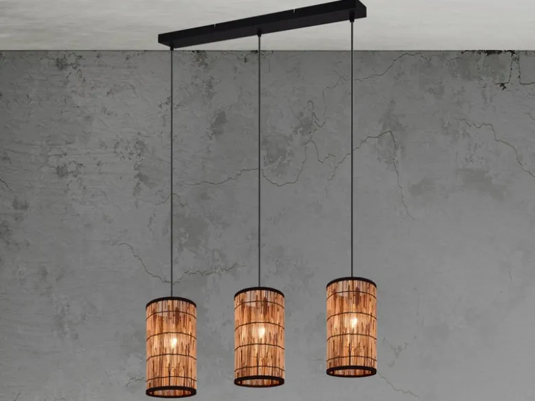 Pendelleuchte SARA 3-flammig mit Lampenschirmen aus Rattan, Breite 80cm