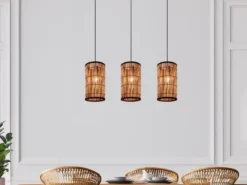 Pendelleuchte SARA 3-flammig mit Lampenschirmen aus Rattan, Breite 80cm