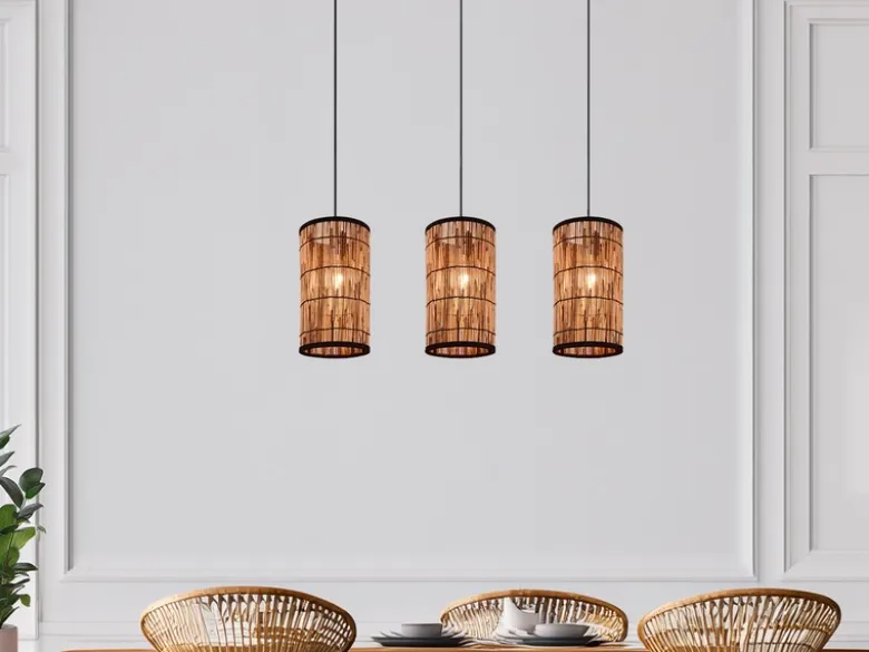 Pendelleuchte SARA 3-flammig mit Lampenschirmen aus Rattan, Breite 80cm
