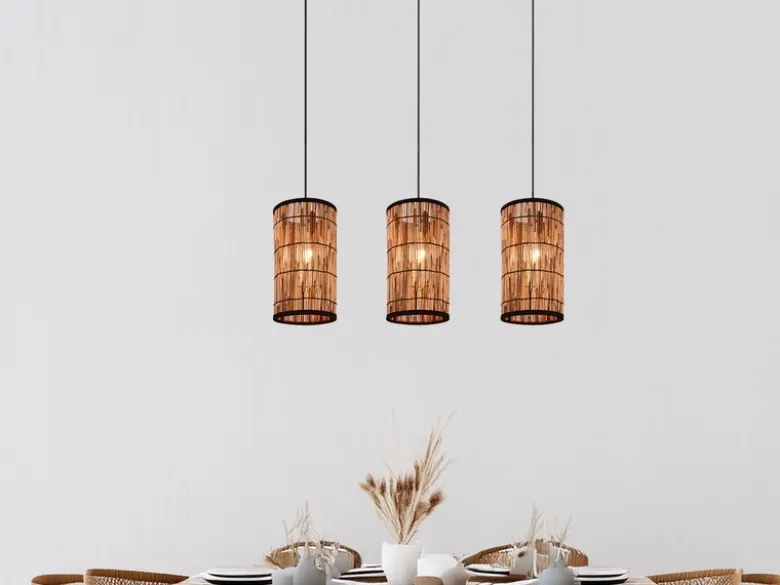 Pendelleuchte SARA 3-flammig mit Lampenschirmen aus Rattan, Breite 80cm