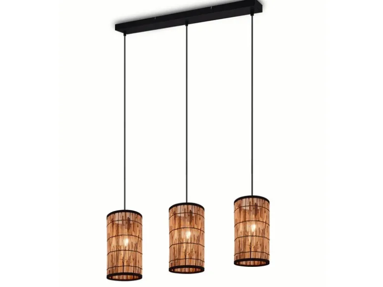 Pendelleuchte SARA 3-flammig mit Lampenschirmen aus Rattan, Breite 80cm