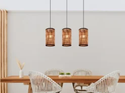 Pendelleuchte SARA 3-flammig mit Lampenschirmen aus Rattan, Breite 80cm